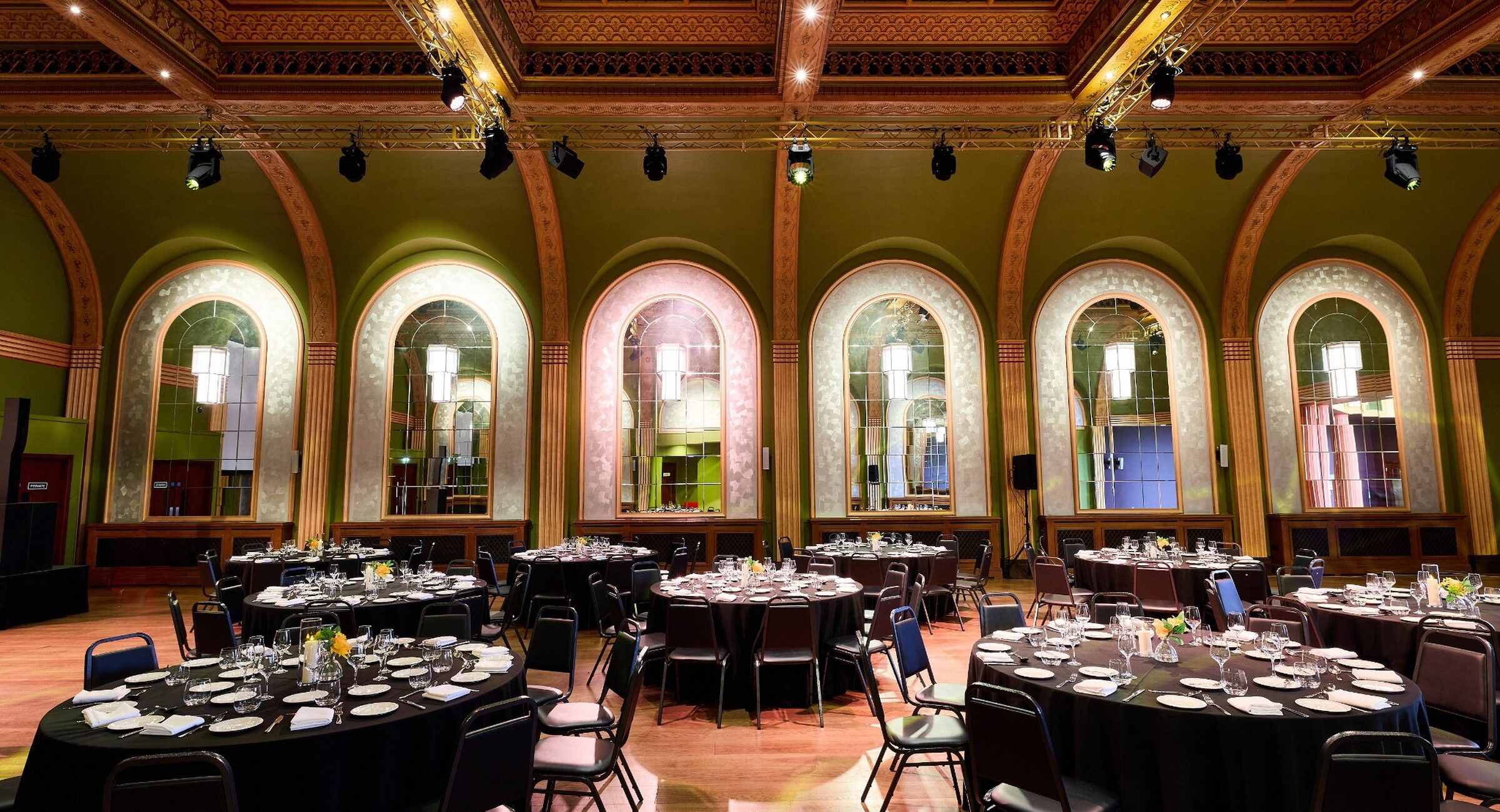 A foyer space set up for a gala, before everyone arrives